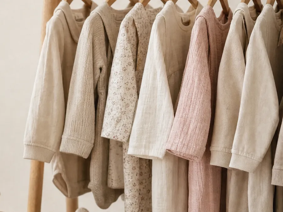 Folded baby clothes in knit and cotton gauze